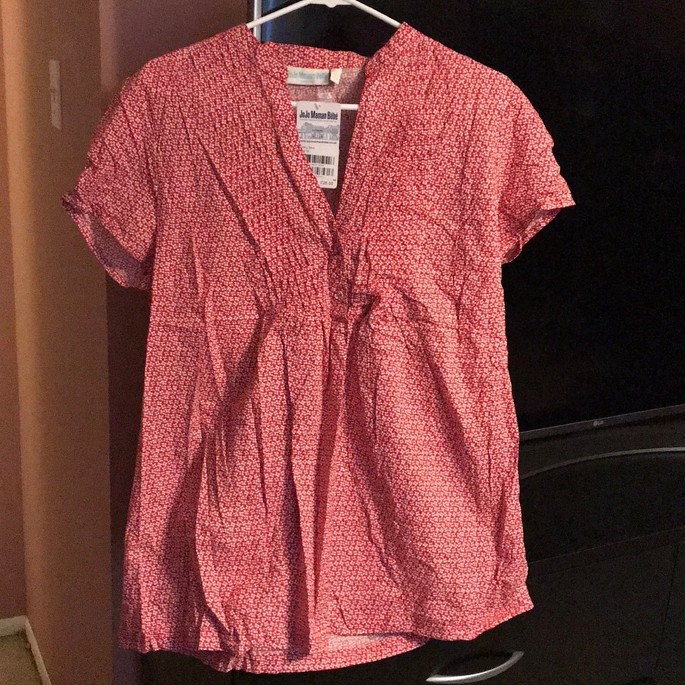 Maternity red flower tie back short sleeve shirt
